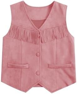 BEAUDRM Girl's Tassels Sleeveless Vest 70s Hippie Faux Suede Boho Western Cowgirl Fringe Jacket Cardigan Dusty Pink 5Y