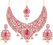 NEW! Touchstone Indian Bollywood Charming Studded Diamond Look Filigree Fuchsia Rhinestones Faux Pearls Hangings Bridal Designer Jewelry Hasli Necklace Set In Antique Gold Tone For Women.