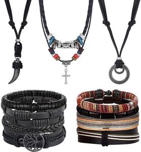 Sanfenly Mens Leather Necklace Bracelet Set Vintage Tribal Jewelry Wolf Tooth Cross Pendant Necklaces Handmade Wood Bead Braided Bracelets Wristbands Black Leather Necklace for Men Adjustable