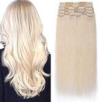 Hair Extensions Real Human Hair Blonde Clip in Double Weft Thick Remy Hair Full Head - 8 Pieces Straight (14"-120g, 70 Bleach White)