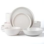 ARORA SKUGGA Round Stoneware 16pc Double Bowl Dinnerware Set for 4, Dinner and Side Plates, Cereal and Pasta Bowls - Matte White (466077)