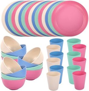 LIYH 36 Pcs Wheat Straw Dinnerware Set for 12,Plastic Plates Reusable,Camping Plates and Bowls Set,Dishwasher Safe Dinnerware,Unbreakable Plate Pink Green Blue Beige