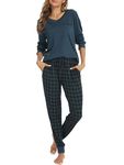 Vlazom Women's Pyjama Sets V-Neck Soft Long Sleeve Top & Plaid Pant Pjs Set Sleepwear with Pockets Drawstring, Dark Green, M