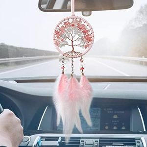 Alynsehom Dream Catcher Handmade Car Rear View Mirror Pendant White Pink Feather Dream Catchers with Crystal Beads Tree of Life Car Charm Diameter 3.5 Inch(Pink)