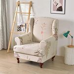 Highdi 2 Piece Stretch Wingback Chair Covers Wing Chair Slipcover Armchairs Covers Classic Printed Sofa Slipcover Spandex Furniture Protector for Living Room Bedroom Hotel (Beige Garden)