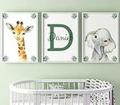 Safari Animals Jungle Leaves Baby Boy or Girl Nursery Bedroom Unframed Prints Set of 3, Personalised Name Nursery Wall Art Decor Gift Present Elephant Lion Giraffe Panda Zebra (A4)