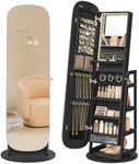 SONGMICS LED Jewelry Cabinet, 360° Swivel Jewelry Organizer, Lockable Mirror Jewelry Cabinet Standing, Rounded Wide Full-Length Mirror with Storage Shelves, Christmas Gifts, Ebony Black