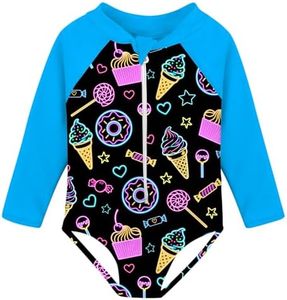 uideazone Baby Girls Neon Doughnut Ice Cream One-Piece Zippered Summer Sun Protection Sunsuit Swimsuit 7-8 Years Swimwear UPF 50+ Rashguard Long Sleeve Bathing Suits