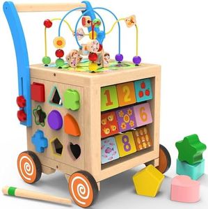 9-in-1 Wooden Activity Cube | Wooden Baby Walker, Sit-to-Stand Learning Walker Activity Center, Early Educational Push & Pull Toys for Baby Toddler Boys Girls, Height & Brake Adjustable