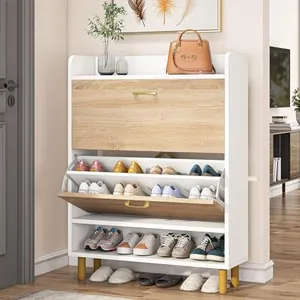 Tribesigns Shoe Cabinet, 2-Tier Shoe Storage Cabinet with Flip Doors, Vintage Entryway Shoe Organizer Rack with Open Shelves for Narrow Closet, Entryway, Living Room, White & Natural