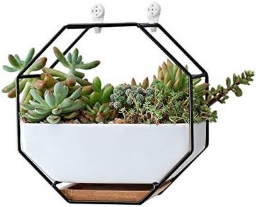 VanEnjoy 7" White Ceramic Wall Planters Vase and Copper,Drainage Hole with Bamboo Tray - Succulent Pot Air Plants Mini Cactus Artificial Flowers Hanging Geometric Hexagon Wall Decor (Black Metal)