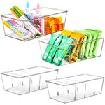 MeCids Food Storage Organizer Bins, 4 Pack Clear Plastic Storage Bins for Pantry Kitchen Fridge Cabinet Organization with 3 Removable Dividers