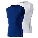 TOPTIE 2 Pack Mens Sport Compression Base Layer, Athletic Sleeveless T-Shirt-02#White/Blue-S
