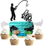 6pcs fishing cake topper Cheers to 60 Years ,Happy 60th birthday cake topper,Fishing theme birthday party cake decorations（Black and silver）