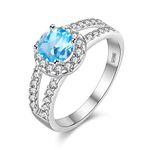 Uloveido Women's Platinun Plated Round Cut Blue Cubic Zirconia CZ Promise Rings for Her Split Shank Fashion Wedding Engagement Rings for Women (Blue, Size 7) J510