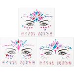 3 pcs Face Gems Glitter Multicolour Face Glitter Festival Crystals Face Stickers Self-Adhesive with Nail Wraps Body Temporary Tattoo Stickers for Festival Gems Rave Party Body Make Up