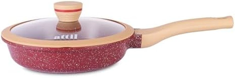 ATTIL - 28 cm Non-Stick Fry Pan with Glass Lid and Silicone Spatula - Induction Base - Granite Cookware Frying Pan - 2.5 LTR - Granite Red