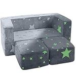 MeMoreCool Kids Sofa Bed Toddler Couch, Glow in The Dark Stars Kids Couch Lounger Fold Out, Baby Couch Kids Bedroom Furniture, Modular Mini Couch for Playroom, Grey Star