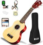 iECO Soprano Ukulele Beginner Kit for Kids Adults 21 Inch Ukelele w/Case Strap Tuner Strings Picks (Natural)