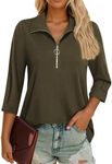 Cnlinkco 3/4 Sleeve Tops for Women Casual Zipper Collar Tunic Tops Dressy Solid Polo Work Blouse Army Green XXL