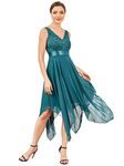 Ever-Pretty Women's Sleeveless V Neck Empire Waist A Line Lace Chiffon Knee Length Party Evening Dresses with Asymmetry Hem Teal 10UK