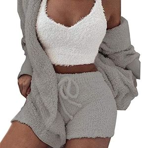VNVNE Womens Sexy Fuzzy Warm Sherpa Fleece 3 Piece Outfit Fleece Coat Jacket Outwear and Spaghetti Strap Crop Top Shorts Set, Grey, Large