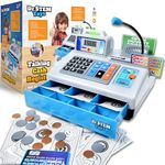 Ben Franklin Toys Talking Toy Cash Register - Store Learning Play Set with 3 Languages, Paging Microphone, Credit Card, Bank Card and Play Money