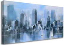 Acocifi Blue Canvas Prints City Scapes Art Wall Decor Office Wall Art New York Abstract Painting, Skyline Brooklyn Bridge Sailboat Picture Artwork Frame for Living Room Bedroom Home Decor 40x20