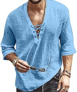 Men's Fashion Shirt Short Sleeve Beach V-Neck Drawstring Solid Color Yoga African Summer Top Solid Light Blue 4XL