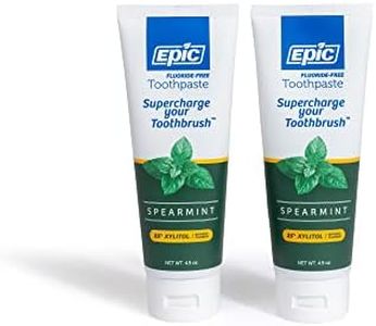 Epic Xylitol Toothpaste - Sugar Free & Aspartame Free Toothpaste Sweetened w/ Xylitol for Clean Teeth & Gum Health (Spearmint, 4.9oz Tube, 2 Tubes)