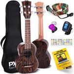 Pyle Mahogany, 4-String Learn to Play Kit-Solid Wood Soprano Ukulele Professional Instrument with Flamed Brown Body, Black Walnut Fingerboard and Bridge PUKT5580