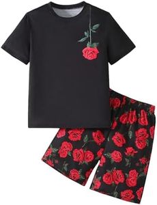 RoseSeek Boy's 2 Piece Outfits Floral Print Short Sleeve Crewneck T Shirt and Shorts Set Summer Outfits Red and Black 12Y