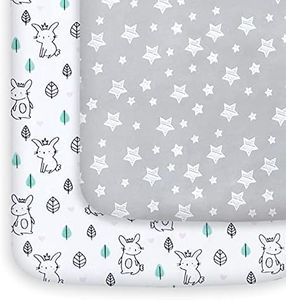 Pack and Play Sheets, 2 Pack Mini Crib Sheets, Stretchy Playard Fitted Sheet, Compatible with Graco Pack n Play, Soft and Breathable Material, Stars & Bunny