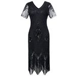 Gatsby 1920s Flapper Dress Women Vintage Sequin Fringe Beaded Art Deco Fancy Dress with Sleeve for Party Prom, Black, L=UK 16 | EU 44