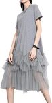 ellazhu Women's Casual Short Sleeve Crew Neck Tutu Tulle Dress with an Oversized Fit GY2266 Grey