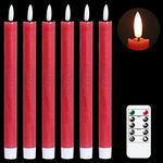 Eldnacele Flameless Red Taper Candles Flickering with 10-Key Remote, Battery Operated LED Warm 3D Wick Light Window Candles Real Wax Pack of 6, Christmas Home Wedding Decor(0.78 X 9.64 Inch)