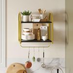 Bestier Black Floating Shelves for Wall, 2 Tier Black Shelves for Room Wall Decor with Towel Bar and Hooks, Gold Floating Shelves for Kitchen, Living Room, Bedroom, Bathroom, Classic Black