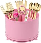 NelyBet 360°Rotating Metal Utensil Caddy 4 Compartment Silverware Cutlery Holder Fork Spoon Napkin Organizer Flatware holder with Handle For Picnic Camping Party - Pink