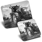 Mouse Mat & Coaster Set - BW - Farmer Tractor Vehicle Farm 23.5 x 19.6 cm & 9 x 9 cm for Computer & Laptop, Office, Gift, Non-slip Base #43953