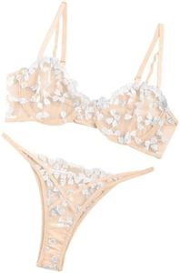 Lilosy Sexy Underwire Cute Push Up Strappy Embroidered Mesh Sheer Lingerie Set See Through Panty Bra, Beige White, X-Large