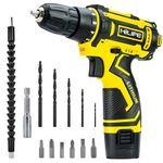 HILIPE Drill Set,12V Cordless Drill with Battery and Charger, Home Electric Power Drill Cordless, 3/8-Inch Keyless Chuck, 2 Variable Speed, 18+1 Position, LED Light and 15pcs Accessories