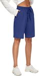 SICVEK Knee Length Women Bermuda Shorts Elastic Waist Drawstring Athletic Long Shorts Casual Summer Yoga Shorts, Blue, Medium