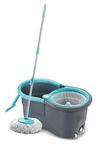 AVZEEGO Spin Mop with Wheels and Stainless Steel Wringer, Bucket Floor Cleaning and Mopping System,2 Microfiber Refills (Blue)