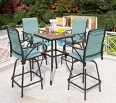 PHI VILLA Outdoor Patio Swivel Bar Set of 5, Jacquard Lake Blue Textilene Furniture Bistro Set with 2 Outdoor Bar Stools and Square Patio Bar Table for Garden Lawn Yard