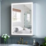 TIFULLHOME 24x32 Inch Lighted Bathroom Medicine Cabinet with Mirror, Plug-in or Hardwired, Recessed or Wall Mount, Mirror Doors/3 Colors/Dimmable/Interior Sensor Light/Defog, 2 Outlets&USBs, 3 Shelves