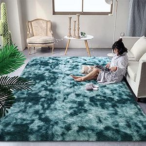 DweIke Fluffy Modern Area Rugs for Living Room Bedroom, 4x6 ft Plush High Pile Rug for Kids Girls Room Nursery Home Decor, Upgrade Non-Slip Girls Bedroom Soft Indoor Rug, Tie-Dyed Peacock Blue