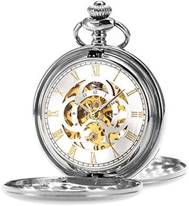 ManChDa Montre de Poche Classique Mécanique Équipement Main-Vent Montre de Poche Steampunk Chiffres Romains Fob Montre pour Hommes Femmes avec Chaîne + Boîte-Cadeau
