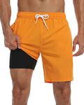 Nonwe Mens Swim Trunks with Compression Liner Quick Dry Hawaiian Bathing Suits 2 in 1 Board Shorts with Pockets, Orange, 28