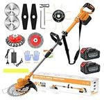 Cordless Strimmer with Weed Brush 5 in 1 Grass Trimmer with 2 21V 4.0Ah Battery Garden Strimmer Brushless Electric String Trimmer Edger Lawn Mower Grass Brush Cutter Kit for Garden Pruning,orange