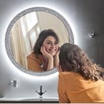 CIPLA PLAST Luxury Crystal Sparkle Round Decorative Designer Mirror Frame with LED Light for Wall Hanging Bathroom Mirror, Living Room (Large, Silver 24 X 24 Inch)